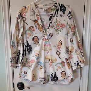 Illustrated Cream Peasant Blouse with Floral & Character Print
